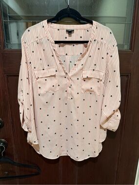 Torrid-Womens Pink Striped & Polka Dot Roll-Sleeve Blouse